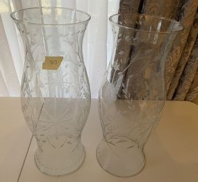 Pair of Etched Floral Glass Hurricane Shades