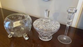 Etched Flower Footed Bowl, Candy Dish, and Crystal Candle Stick