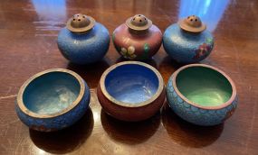 Three Cloisonné Salt and Pepper, and Salt Bowls