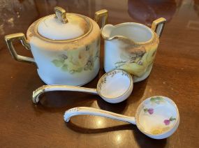 Nippon Porcelain Hand Painted Sugar, Creamer, and Ladles