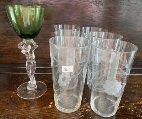 6 Etched Drinking Glasses and Glass Figural Goblet