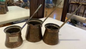Three Etched Copper and Brass Turkish Coffee Pots