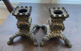 Pair of Old Hammered Brass Footed Candle Holders