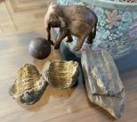 Elephant Figurine and Old Collectible Fossils