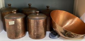 Group of Brass Cannisters and  Hammered Brass Bowl
