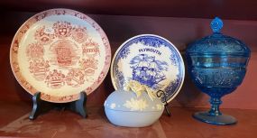 Mayflower and Plymouth Porcelain Plates, Wedgewood Style Egg, Depression Blue Glass Candy