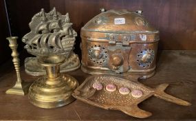 Vintage Brass Cricket Box, Ship Door Stop, Fish Dish, and Candle Holders