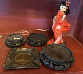 Japanese Kimono Girl Doll, Brass Ashtray, and Three Vase Stands