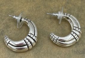 Designed Sterling .925 Stamped Chunky Carved Semi Hoop Earrings