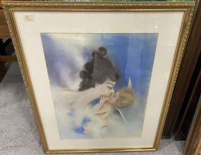 Framed Pastel of Woman and Cherub