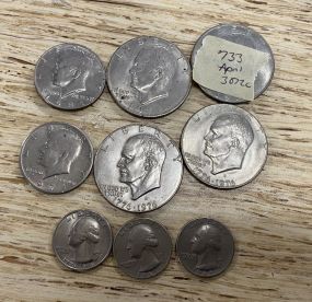 Four 1970s Eisenhower Dollars, 1971, 1981 Kennedy Half Dollar, and Quarters