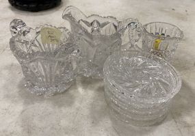 Pressed Glass Sugar, Creamer, Pitcher, and Coasters