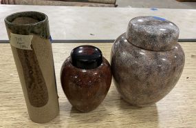 Three Pottery Lidded Vases and Stoneware Flower Vase