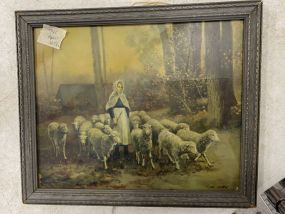 Vintage Lady and Sheep Print