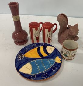Niloak Squirrel, Pottery Vase, Salt & Pepper, Cup, and Fish Hot Plate