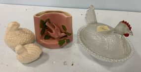 Pheasant Ceramic Birds, Pottery Bird Holder, and Glass Chicken Dish