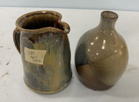 Two Signed Glaze Stoneware Pottery Pitcher and Vase