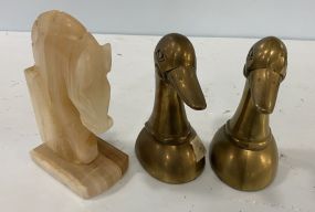 Pair of Brass Duck and Alabaster Horse Bookends