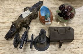 Group of Pottery Alligator, Duck, Bell, Trinket, and Cannon