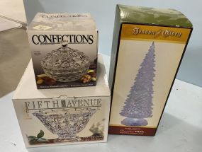 Season Glory Light Tree, Confections Indiana Glass Dish and Fifth Avenue Footed Bowl