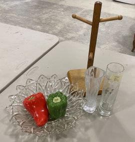 Rack, Glass Bowl and Vases