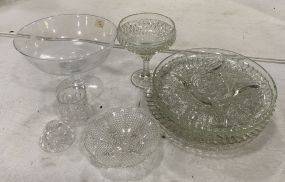 Group of Glass Serving Platters, Compotes, and Pitcher