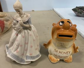 Porcelain Lady Music Figurine and Money Hungry Bank Figurine