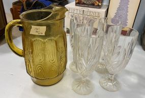 Four Heavy Glass Wine Glasses and Amber Water Pitcher