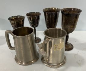 Silver Plate Goblets and Two Pewter Mugs