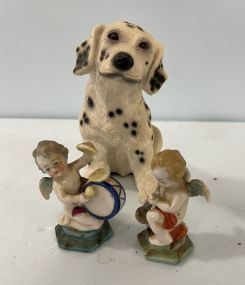 One Resin Dalmatian, Two Small Porcelain Cherubs