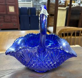 Early-Mid 1900's Blue Carnival Glass Basket