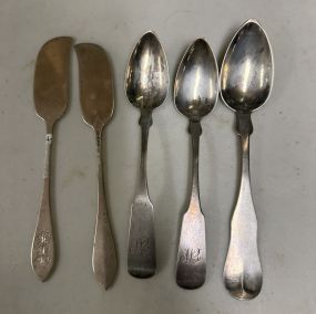 Three Silver Spoons and Two Sterling Butter Knives