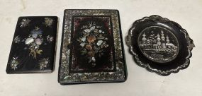 Three Antique Paper Mache Mother on Pearl Plate and Desk Folios Book Covers
