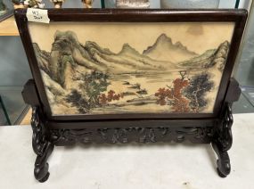 Chinese Painted Marble and Rosewood Table Screen