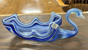 Blue Art Glass Swan Bowl