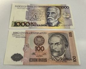 Banco Central Do Brasil 1000 and Banco Central de Reserva del Peru 100 Cien Intis