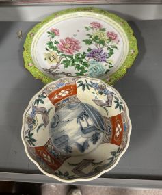 Enamel Metal Chinese Charger and Porcelain Bowl