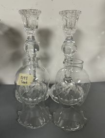 Pair of Etched Clear Glass Candle Holders