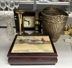 Jewelry Box, Clock, Silver Plate Vase, and Candle Holder