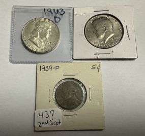 1963-D Franklin, 1976 Kennedy, and 1939-P Nickel