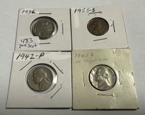 1936 Buffalo, 1955-S Penny, 1942-P Nickel, and 1945-S Nickel