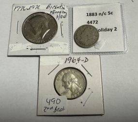 1964-D Quarter, 1883 Barber Nickel, and 1976 Kennedy Half Dollar
