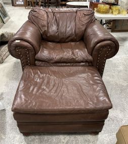Dark Red Vinyl Leather Chair and Ottoman