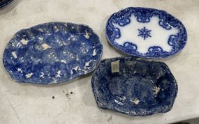Blue Antique Pottery Bowl, Platter, and Flowblue Bowl