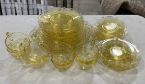 Yellow Etched Depression Glass Plates and Cups