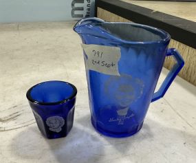 1935 Blue Shirley Temple Pitcher and Shot Glass