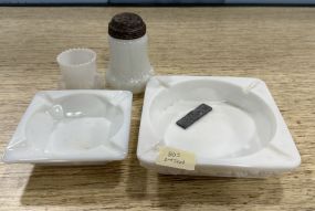 Westmoreland Milk Glass Ashtray, Toothpick, and Shaker