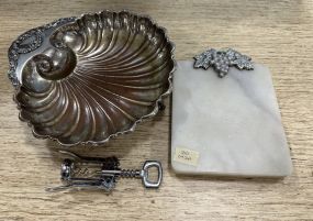 Silver Plate Shell Dish, Wine Opener, and Marble Cheese Board