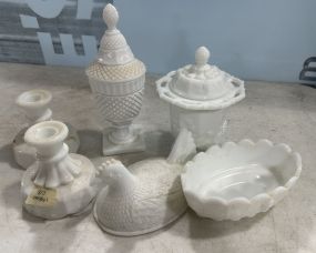 Group of Westmoreland Milk Glass Candles, Bowl, Candy, and Vase