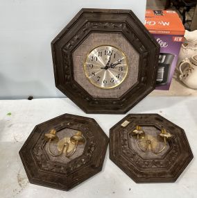 Three Piece Wood Wall Clock and Sconce Set